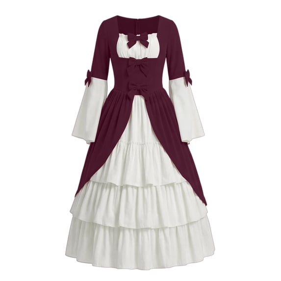 LEKWK Victorian Dress for Women Colonial Marie Antoinette Gown Classic Princess Dress Up Tiered Ruffled Elegant Renaissance Dress with Bow