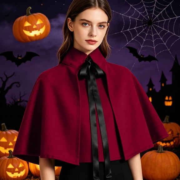 LEKWK Victorian Gothic Short Cape Women Renaissance Medieval Steampunk High Collar Capelet Tie Front Halloween Cosplay Themed Party Fancy Dress