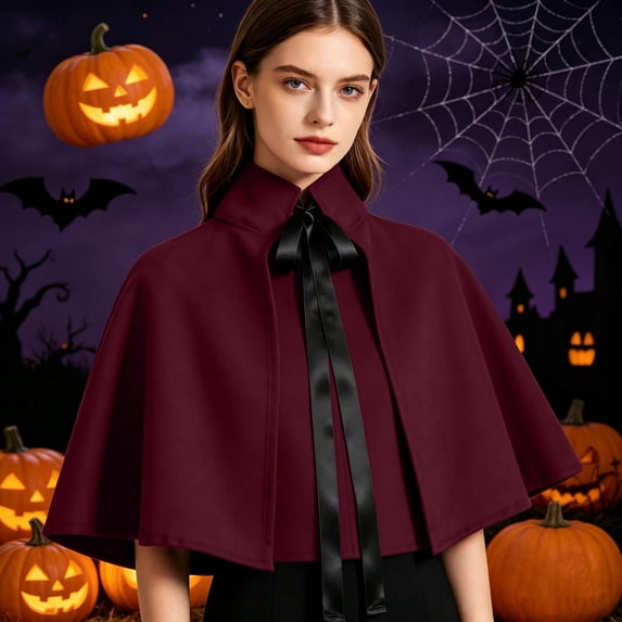LEKWK Victorian Gothic Short Cape Women Renaissance Medieval Steampunk High Collar Capelet Tie Front Halloween Cosplay Themed Party Fancy Dress