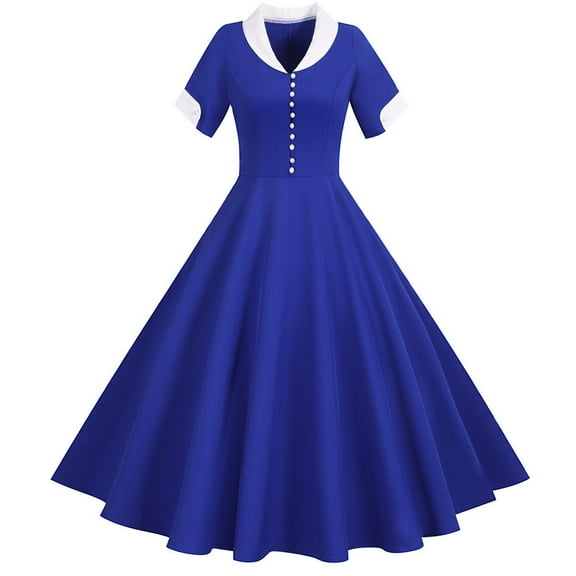 LEKWK Vintage Dress for Women 1950S Rockabilly Fit-and-Flare Dress Short Sleeve Collared Button Cocktail Party Dress A Line Tea Party Costumes
