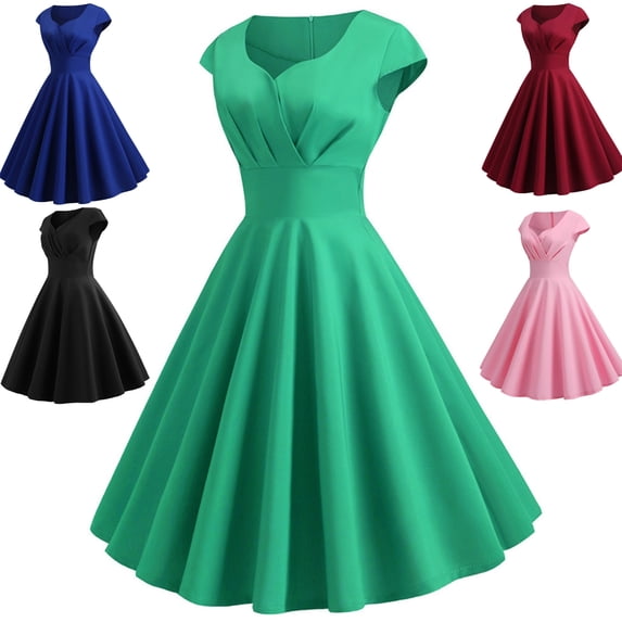 LEKWK Vintage Dress for Women Cap Sleeve V Neck 1950S Dresses Fit And Flare Fit-and-Flare Dress Rockabilly Cocktail Tea Party Wedding Guest Elegant