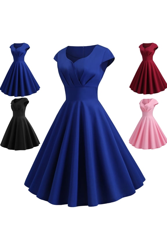 Vintage Dress for Women Cap Sleeve V Neck 1950S Dresses Fit And Flare Fit-and-Flare Dress Rockabilly Cocktail Tea Party Wedding Guest Elegant