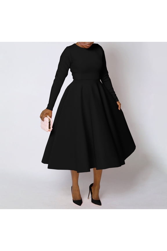 Vintage Dress for Women Elegant Long Sleeve Midi Dress Crew Neck High Waist Modest A Line Dress Work Office Cocktail Party Formal Wear
