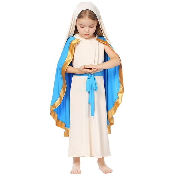 LEKWK Virgin Mary Set for Girls Long Robe Cape Headscarf Belt Nativity Scene Christmas Religious Church Play Outfit Performance