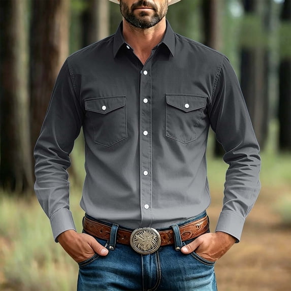 LEKWK Western Shirt for Men Long Sleeve Button Down with Dual Flap Chest Pockets Point Collar Regular Fit Cowboy Dress Shirt for Ranch Work Rodeo Travel and Casual Everyday Style