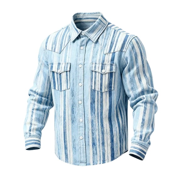LEKWK Western Shirt for Men Vertical Striped Long Sleeve Button Down Top Cowboy Rodeo Ranch Style Slim Fit Distressed Look