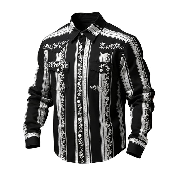 LEKWK Western Shirt for Men Vertical Striped Long Sleeve Button Down Top Cowboy Rodeo Ranch Style Slim Fit Distressed Look
