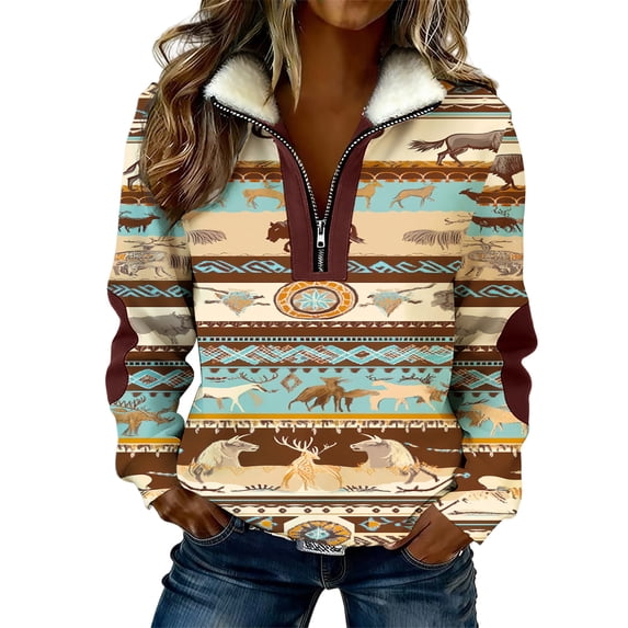 LEKWK Western Tops Aztec Geometric Pattern Graphic Tees Quarter Zip Pullover Tops Tribal Print Fleece Lined Daily Wear
