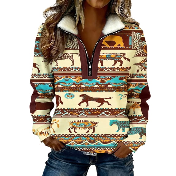 LEKWK Western Tops Aztec Geometric Pattern Graphic Tees Quarter Zip Pullover Tops Tribal Print Fleece Lined Daily Wear