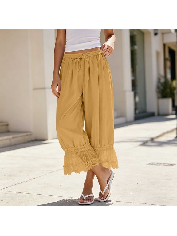 Wide Leg Lounge Pants for Women Drawstring Elastic Waist Pajama Pants with Ruffle Lace Hem Lightweight Sleep Bottoms Nightwear Yellow M