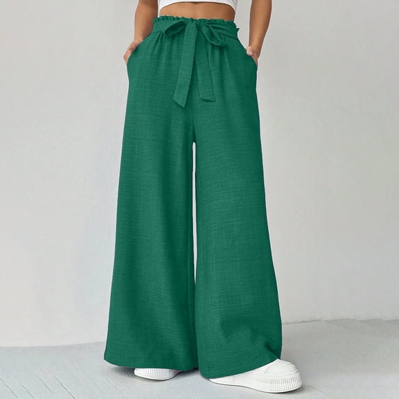 LEKWK Wide Leg Pants Woman High Waisted Drawstring Casual Pants with Pockets Loose Fit Comfy Palazzo Pants Spring Summer Fashion Outfits