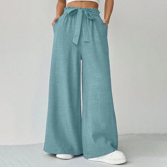 LEKWK Wide Leg Pants Woman High Waisted Drawstring Casual Pants with Pockets Loose Fit Comfy Palazzo Pants Spring Summer Fashion Outfits