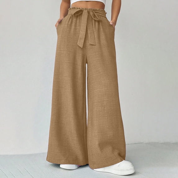 LEKWK Wide Leg Pants Woman High Waisted Drawstring Casual Pants with Pockets Loose Fit Comfy Palazzo Pants Spring Summer Fashion Outfits