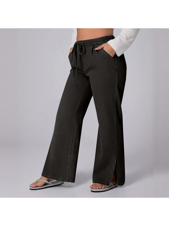 Wide Leg Pants for Women Washed Denim Texture Drawstring Lounge Pants with Pockets Loose Fit Casual Pants High Waisted Comfy Soft Daily Streetwear Wear
