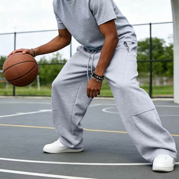 LEKWK Wide Leg Sweatpants for Men Elastic Waist Drawstring Baggy Joggers Lightweight Breathable Relaxed Fit Casual Lounge Track Pants Gray L