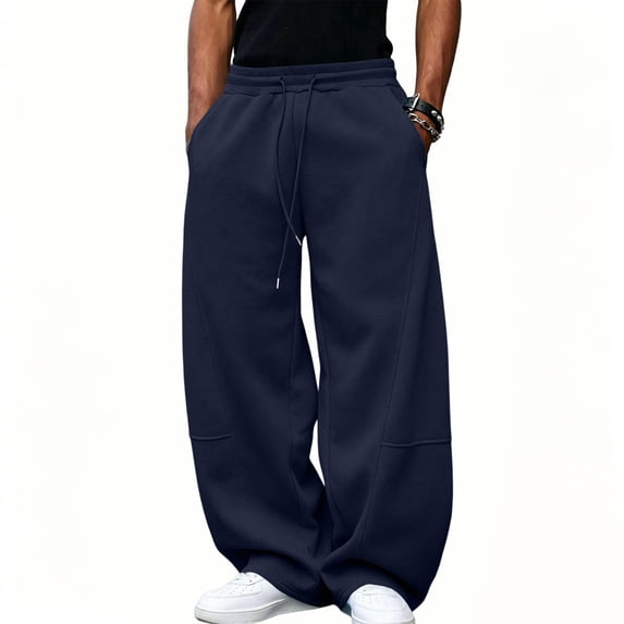 LEKWK Wide Leg Sweatpants for Men Elastic Waist Drawstring Baggy Joggers Lightweight Breathable Relaxed Fit Casual Lounge Track Pants Navy XXL