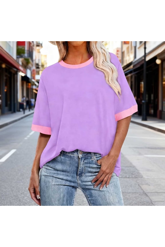 Womans Tops Regular Fit Crew Neck Short Sleeve Tops Regular Fit Black Contrast Trim Basic Tees Minimalist Ringer Design Home Lounge Wear
