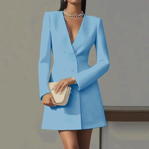 LEKWK Women Blazer Dress Long Sleeve Deep V Neck Button Down Mini Dress Casual Work Dress Fall Office Business Cocktail Party Formal Outfit