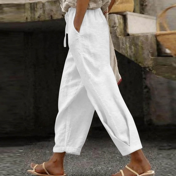 LEKWK Women Linen Pants Lightweight Drawstring Elastic Waist Casual Pants Comfy Loose Fit Wide Leg Pants Summer Lounge Pants with Pockets
