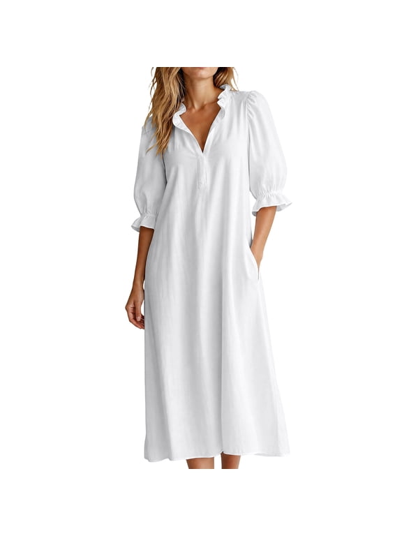 Women Maxi Dress 3/4 Sleeve V Neck Loose Flowy A Line Dresses with Side Pockets Summer Fashion Casual Lightweight Beach Vacation Outfits