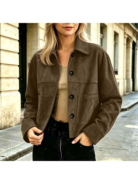 Women Suede Jackets Trendy Long Sleeve Button Front Lapel Collar Fashion Short Faux Suede Shacket Coat with Pockets Work Vacation Outddoors Boomer Jacket