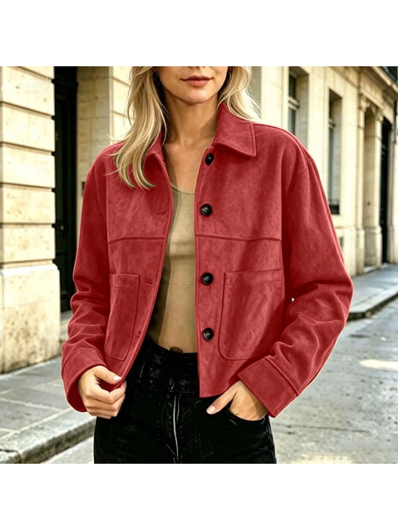 Women's Button Down Shacket Faux Suede Jacket Collar Vintage Casual Fall Spring Shirt Coat Outerwear with Pockets for Office Red S