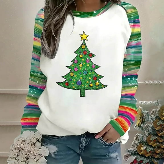 LEKWK Women's Christmas Sweatshirts Xmas Tree Graphic Tops Raglan Long Sleeve Crew Neck Oversized Shirts Cute Funny Holiday Blouses Going Out Clothes Winter Fashion Outfits