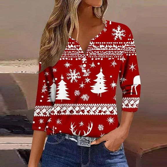 LEKWK Women's Funny Christmas Shirt Xmas Tree V Neck Tshirts Button Down 3/4 Sleeve Tops Womens Christmas Top Fashion Christmas Top Women