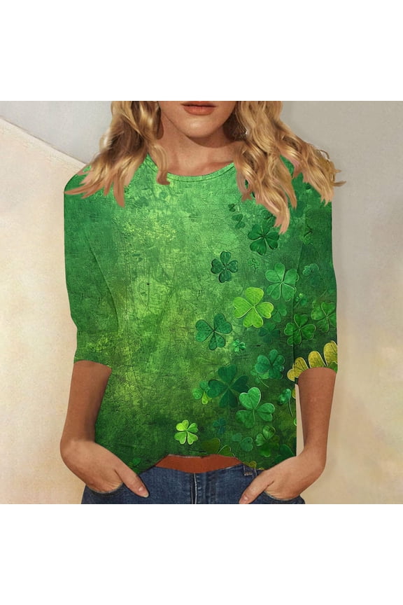 Women's Graphic Tees Cosmic Galaxy Style 3/4 Sleeve Tops Crew Neck Tops Trendy Dark Background Neon Bubble Glass Clover Blouse