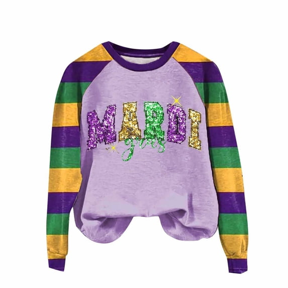 LEKWK Women's Mardi Gras Tops Glitter Letter Print Raglan Sleeve Long Sleeve Graphic Tees Crew Neck Casual Daily Lounge Wear Outfits