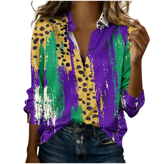 LEKWK Women's Mardi Gras Tops Leopard Glitter Print Button Down Blouses Dressy Casual Long Sleeve Lapel Neck Casual Work Office Outfits