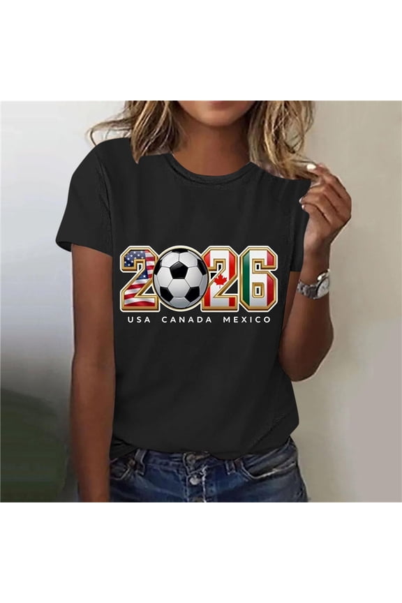 Women's Soccer Jersey USA MEX CA Short Sleeve Crewneck Graphic Tee Football Tournament Fan Top for Sports Party Vacation Game Day Black L