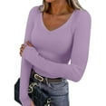 thumbnail image 1 of LEKWK Women's Tops Casual V-Neck Ribbed Knit Long Sleeve Tees Slim Fit Basic Tops Soft Stretchy Fabric Daily Inner Wear outfits, 1 of 8