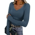 thumbnail image 1 of LEKWK Women's Tops Casual V-Neck Ribbed Knit Long Sleeve Tees Slim Fit Basic Tops Soft Stretchy Fabric Daily Inner Wear outfits, 1 of 8
