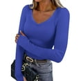 thumbnail image 1 of LEKWK Women's Tops Casual V-Neck Ribbed Knit Long Sleeve Tees Slim Fit Basic Tops Soft Stretchy Fabric Daily Inner Wear outfits, 1 of 8