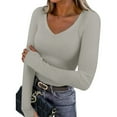 thumbnail image 1 of LEKWK Women's Tops Casual V-Neck Ribbed Knit Long Sleeve Tees Slim Fit Basic Tops Soft Stretchy Fabric Daily Inner Wear outfits, 1 of 8