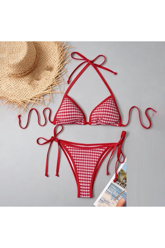 Womens Bikini Set Textured Two Piece Bathing Suit Tie Knot Front Top High Cut Bottom Modest Beachwear Swimming Summer Vacation