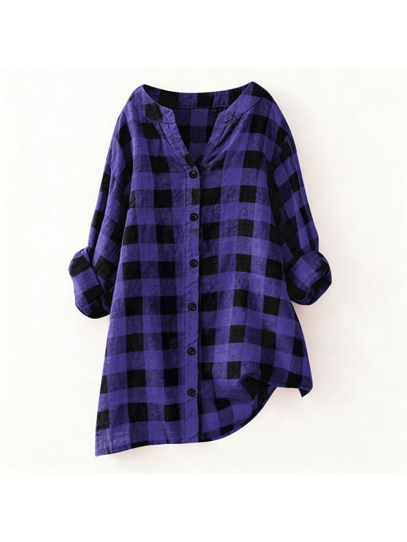 Womens Button Down Shirts Buffalo Plaid Check Print Tunic Tops V-Neck Rolled Sleeve Casual Shirts Loose Fit Flannel Look Fall Daily outfits