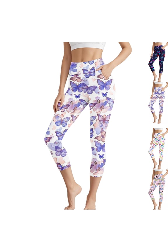 Womens Capri Leggings Print High Waisted Side Pockets Yoga Pants with Pockets Soft Stretchy Running Leggings Gym Workout Casual Summer Bottoms