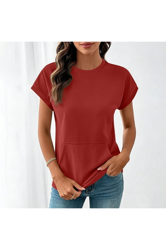 Womens Casual Tops Regular Fit Crew Neck Short Sleeve Tops Kangaroo Pocket Tunic Tops Solid Soft Daily Lounge Wear