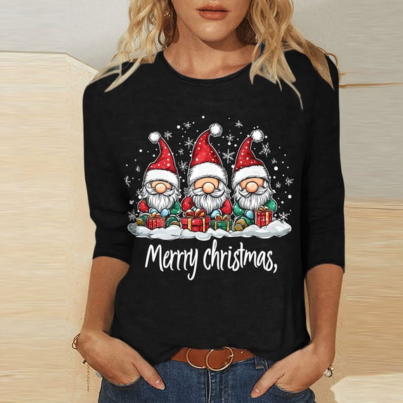 LEKWK Womens Christmas Blouses Merry Xmas Crew Neck 3/4 Sleeve Tops Holiday Clothes for Women Winter Christmas Sparkly Tops for Women