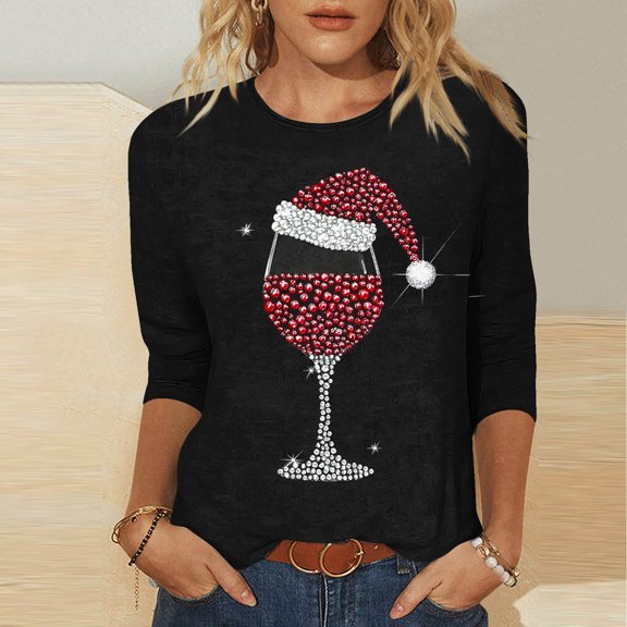 LEKWK Womens Christmas Tee Shirts Xmas Tree Crew Neck 3/4 Sleeve Tops Christmas Tree Shirts for Women Casual Womens Christmas Tees