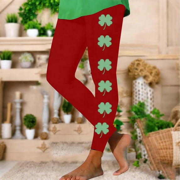 LEKWK Womens Clover Leggings High Waisted Shamrock Print Yoga Pants Stretchy Breathable Soft Holiday Tights St Patricks Day Party Parade Sport Outfits