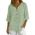 thumbnail image 1 of LEKWK Womens Cotton Linen Blouse Pleated Henley V Neck 3/4 Sleeve Tops Roll Tab Sleeve Work Tops Button up Tunic Fit Office Daily Outfits, 1 of 8