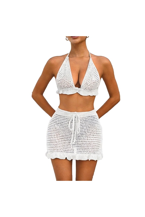 Womens Crochet Bikini Sets Two Piece Halter Triangle Top Ruffle Skirt Cover Up Bathing Suits See Through Summer Resort Holiday Beachwear