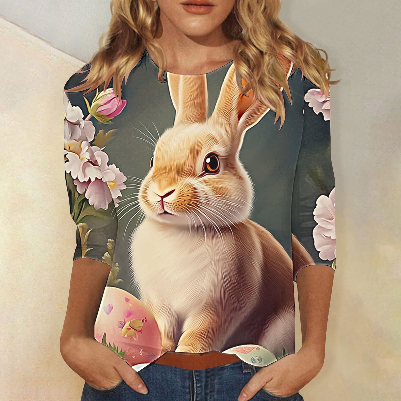 LEKWK Womens Easter Shirt 3/4 Sleeve Going Out Tops Crewneck Casual T ...