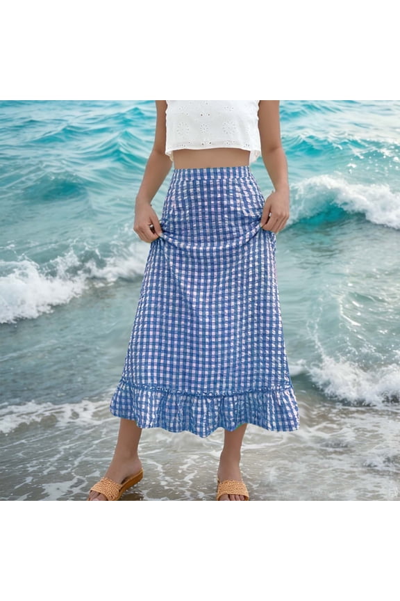 Womens Floral Skirt High Waisted Midi Skirt Ruffle Hem Floral Skirt Gingham Plaid Pattern Casual Summer Beach Vacation Daily Outfit