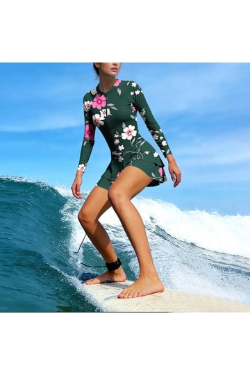 knee length dresses for ladies One-Piece Long Sleeve Upf50+ Ruffle Skirt Swim Suit, Pink/Size M