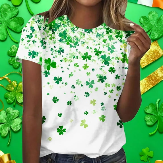 LEKWK Womens Graphic T Shirts Cute Bunny Leprechaun Crew Neck St Patricks Day Shirt Rabbit Holding Clover Print Short Sleeve Holiday Tee
