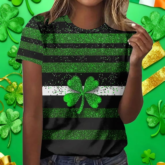 LEKWK Womens Graphic T Shirts Cute Bunny Leprechaun Crew Neck St Patricks Day Shirt Rabbit Holding Clover Print Short Sleeve Holiday Tee